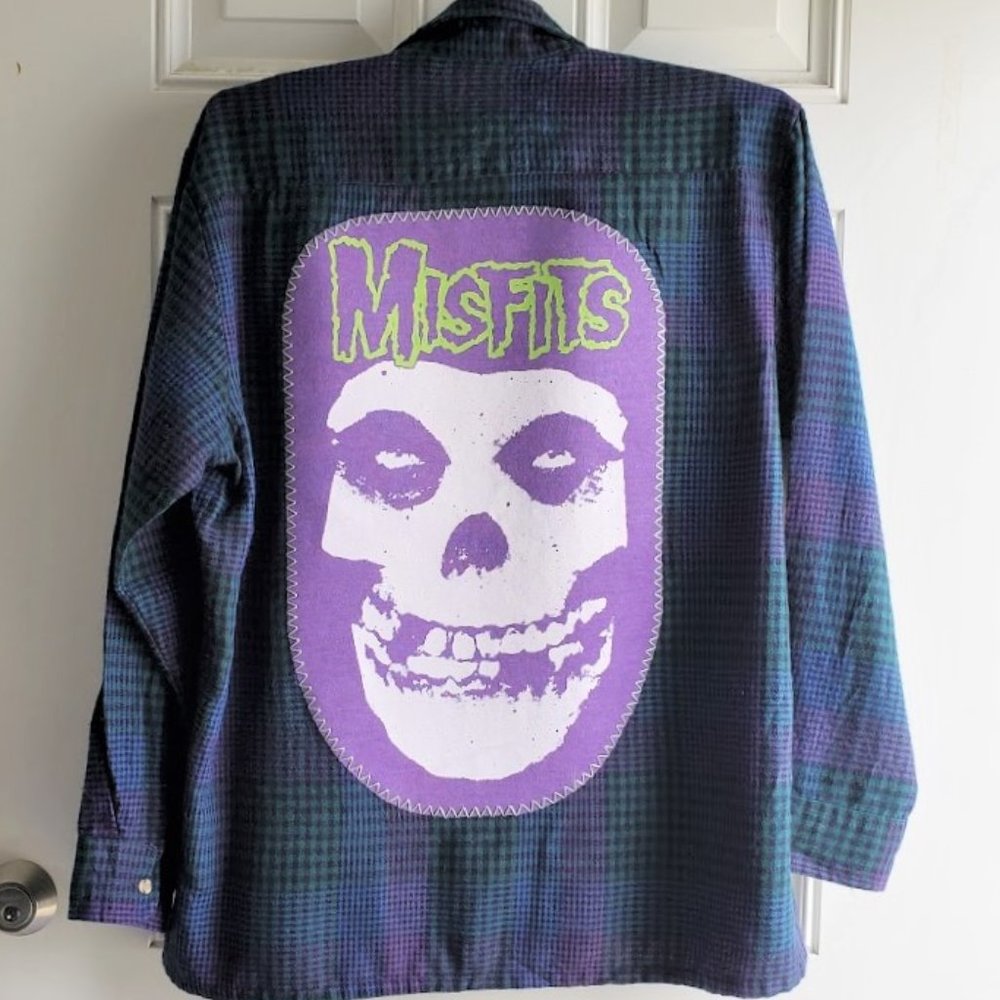 Upcycled Flannel Shirt MISFITS Music Rock Band Graphic Tee Back